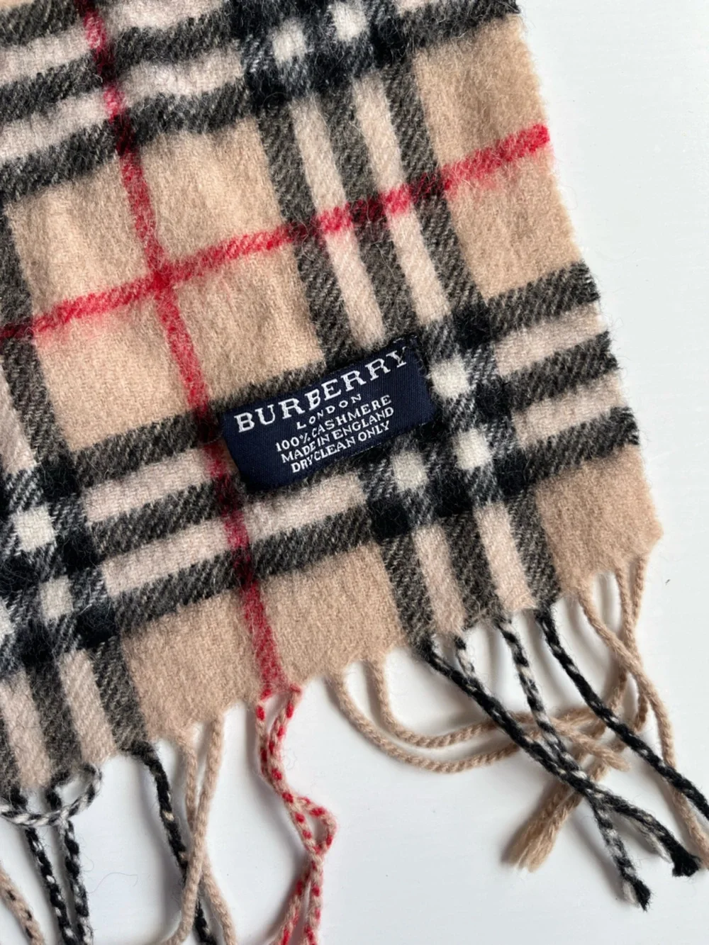 Burberry Beige Check Cashmere Scarf with Black and Red Accents